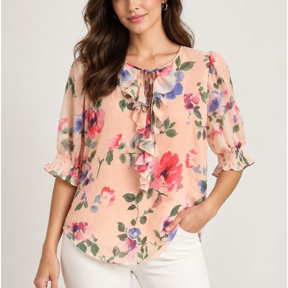 Lauren Ralph Lauren Pink Floral Crinkle Georgette Ruffle $125 Blouse Small NWT